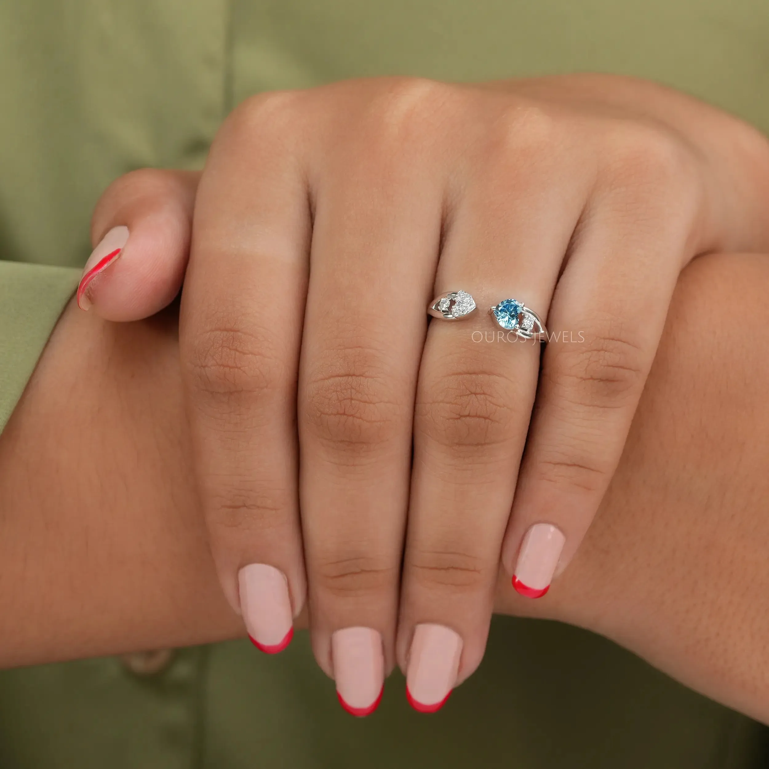 Blue Heart Cut Lab Diamond Open Cuff Dainty Ring