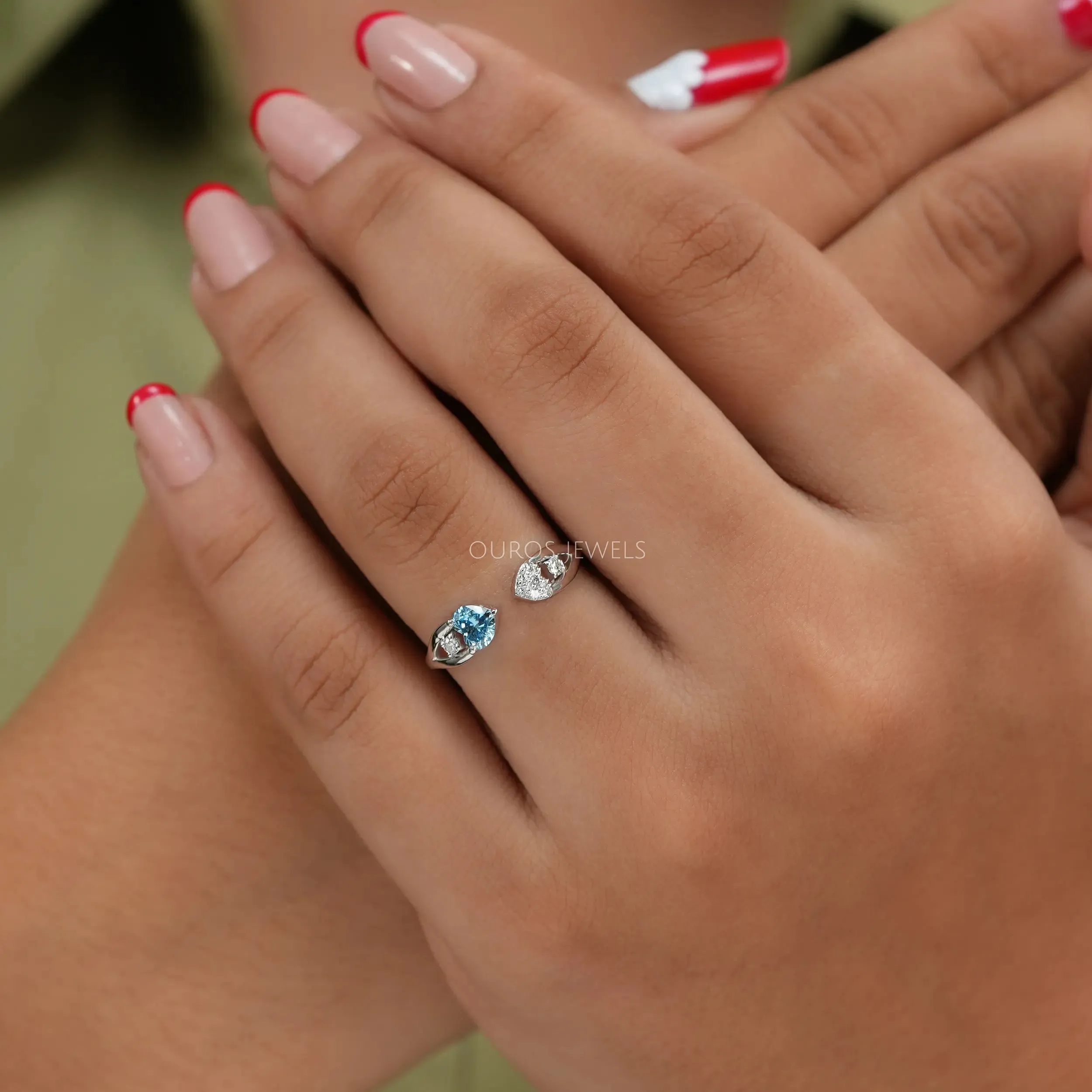 Blue Heart Cut Lab Diamond Open Cuff Dainty Ring