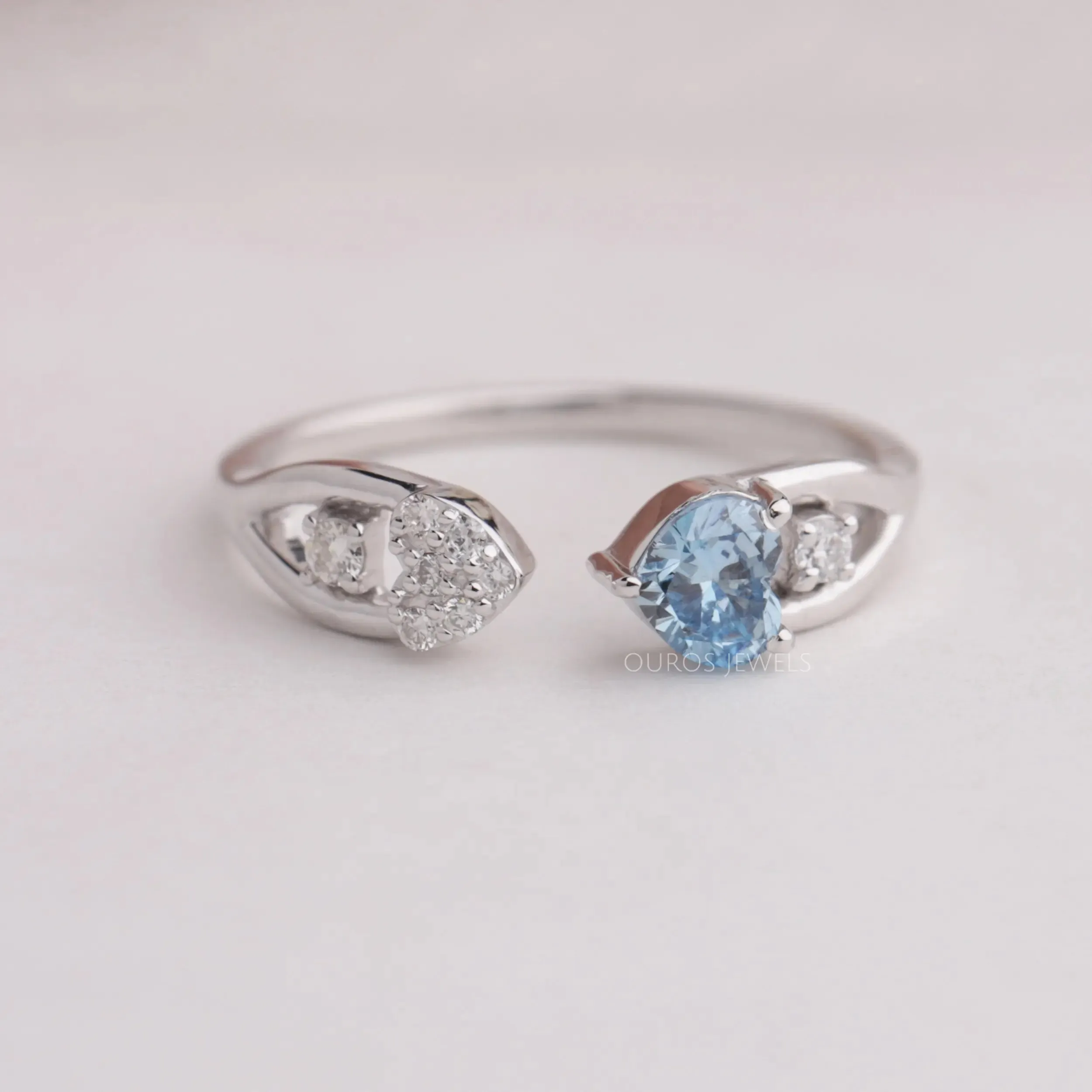 Blue Heart Cut Lab Diamond Open Cuff Dainty Ring