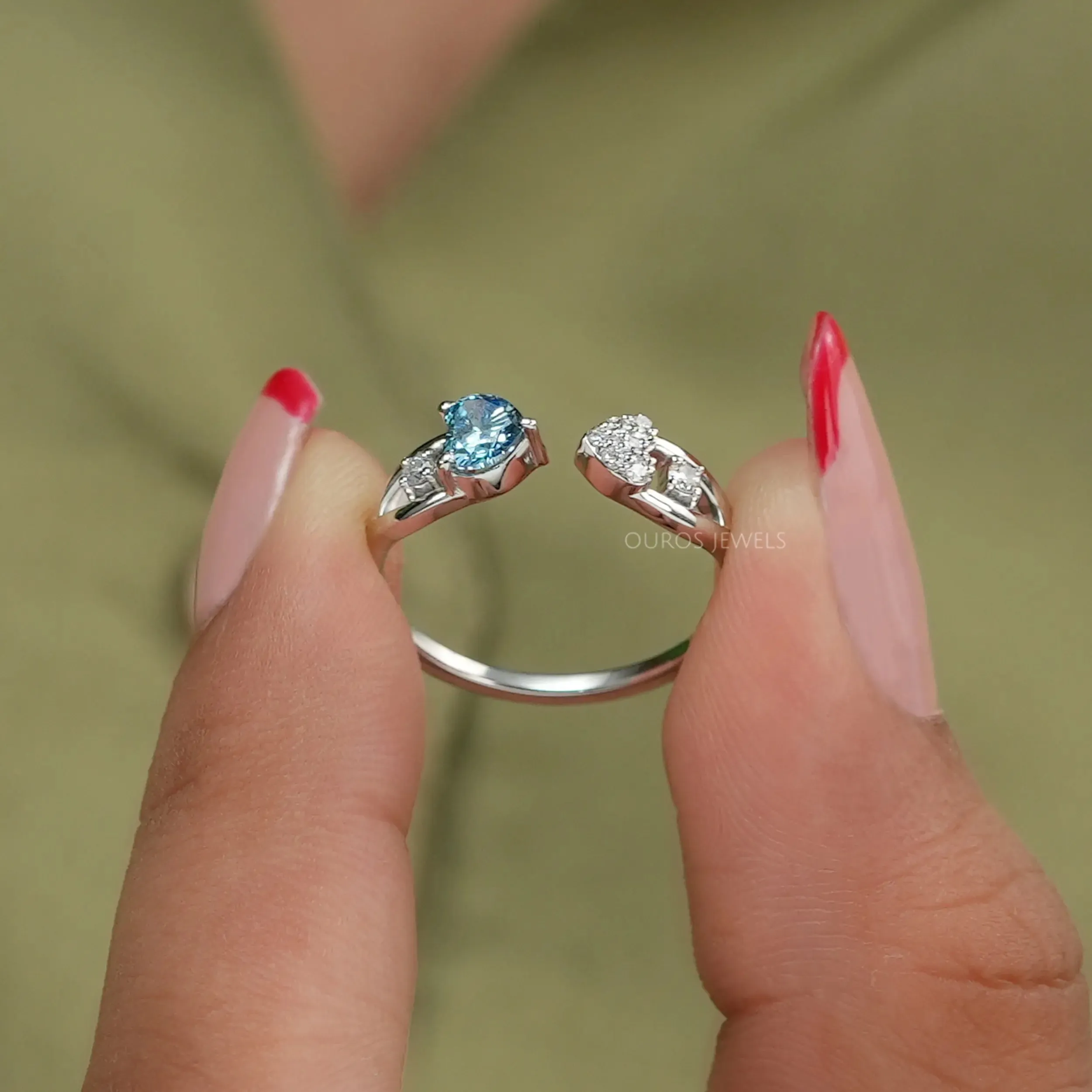 Blue Heart Cut Lab Diamond Open Cuff Dainty Ring