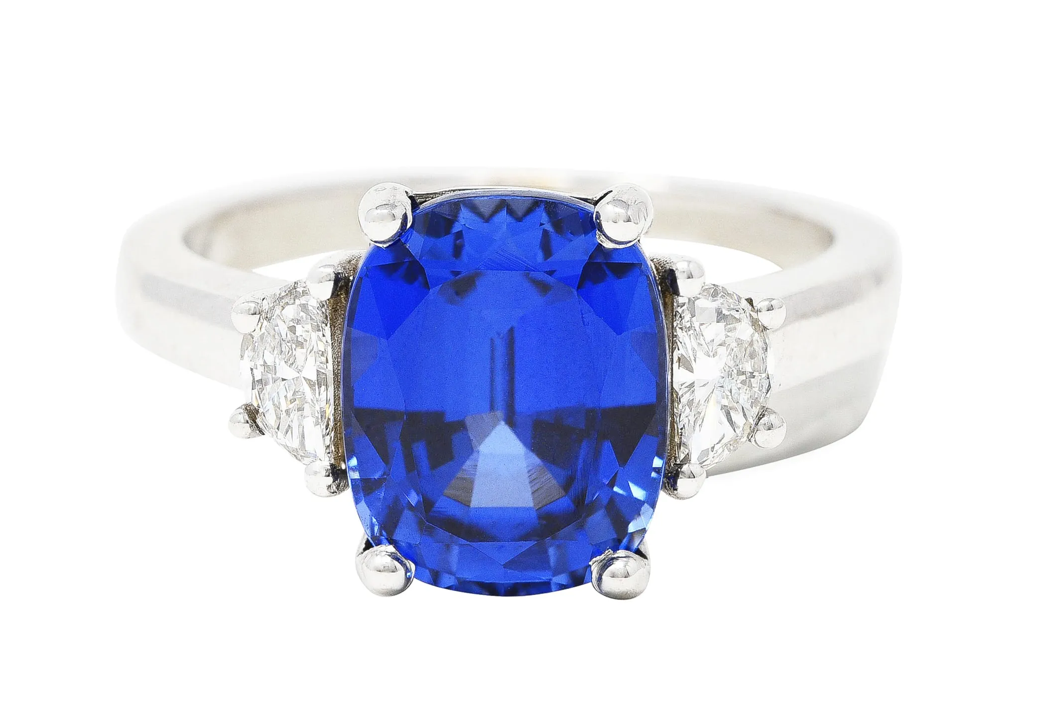 Blue Sapphire Half Moon Diamond 14 Karat White Gold Three-Stone Vintage Ring