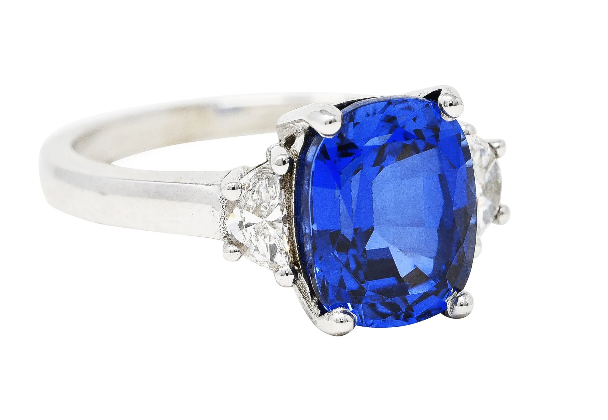 Blue Sapphire Half Moon Diamond 14 Karat White Gold Three-Stone Vintage Ring