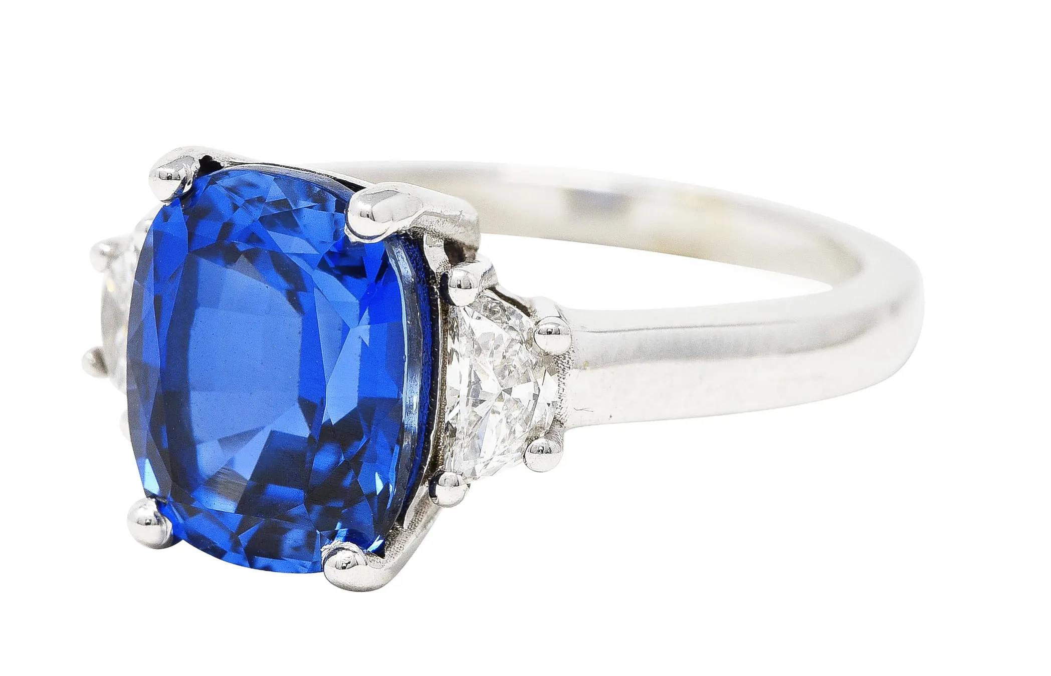 Blue Sapphire Half Moon Diamond 14 Karat White Gold Three-Stone Vintage Ring