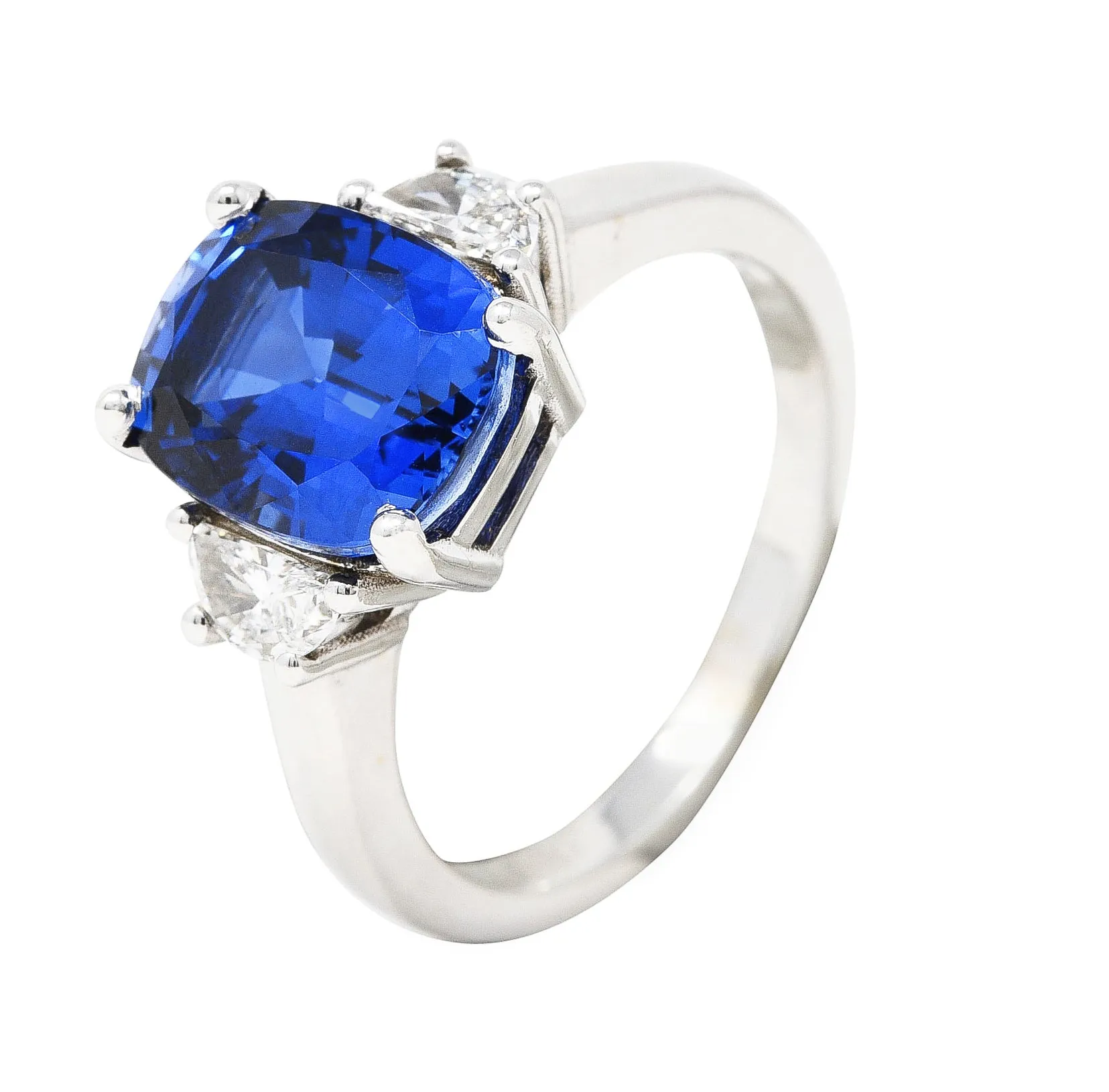 Blue Sapphire Half Moon Diamond 14 Karat White Gold Three-Stone Vintage Ring