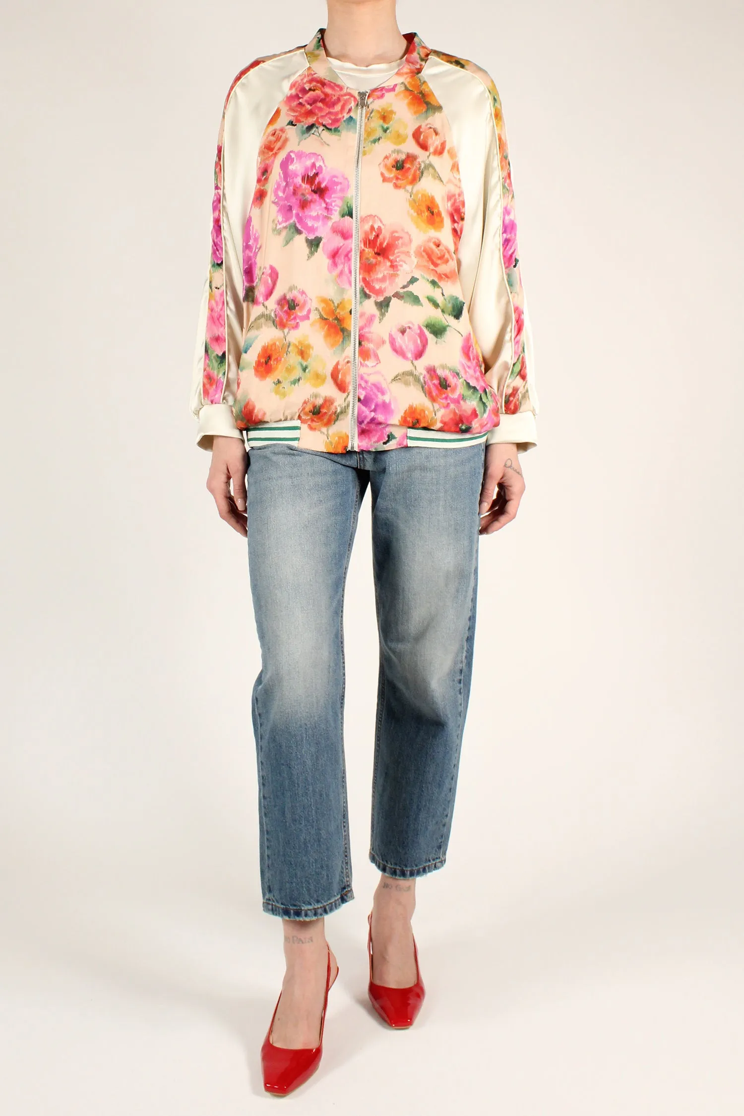 Bomber Stampa Fiori con Bande