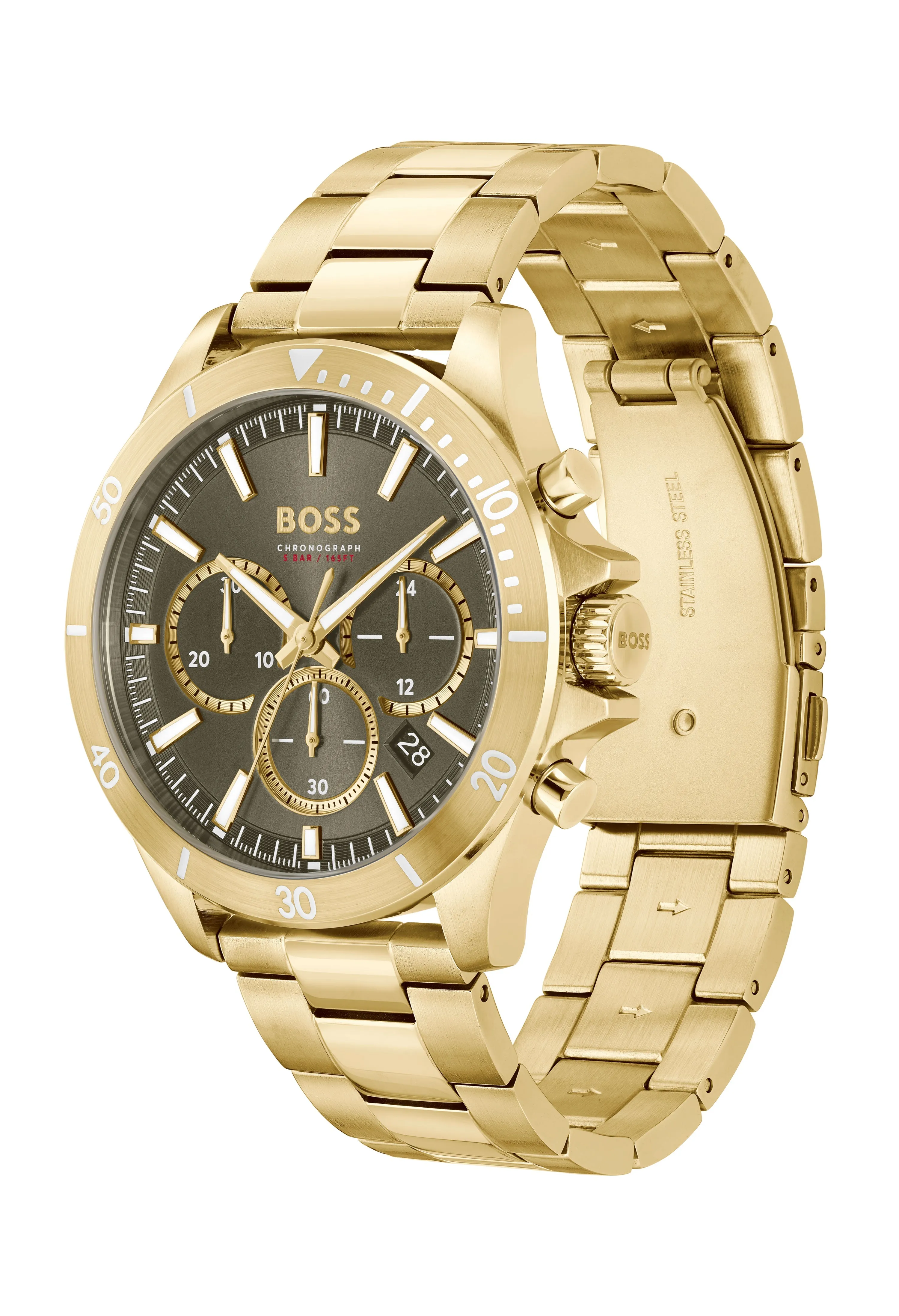 BOSS Gents Troper Olive Green Dial Gold Plated Bracelet Watch