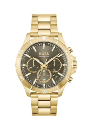 BOSS Gents Troper Olive Green Dial Gold Plated Bracelet Watch