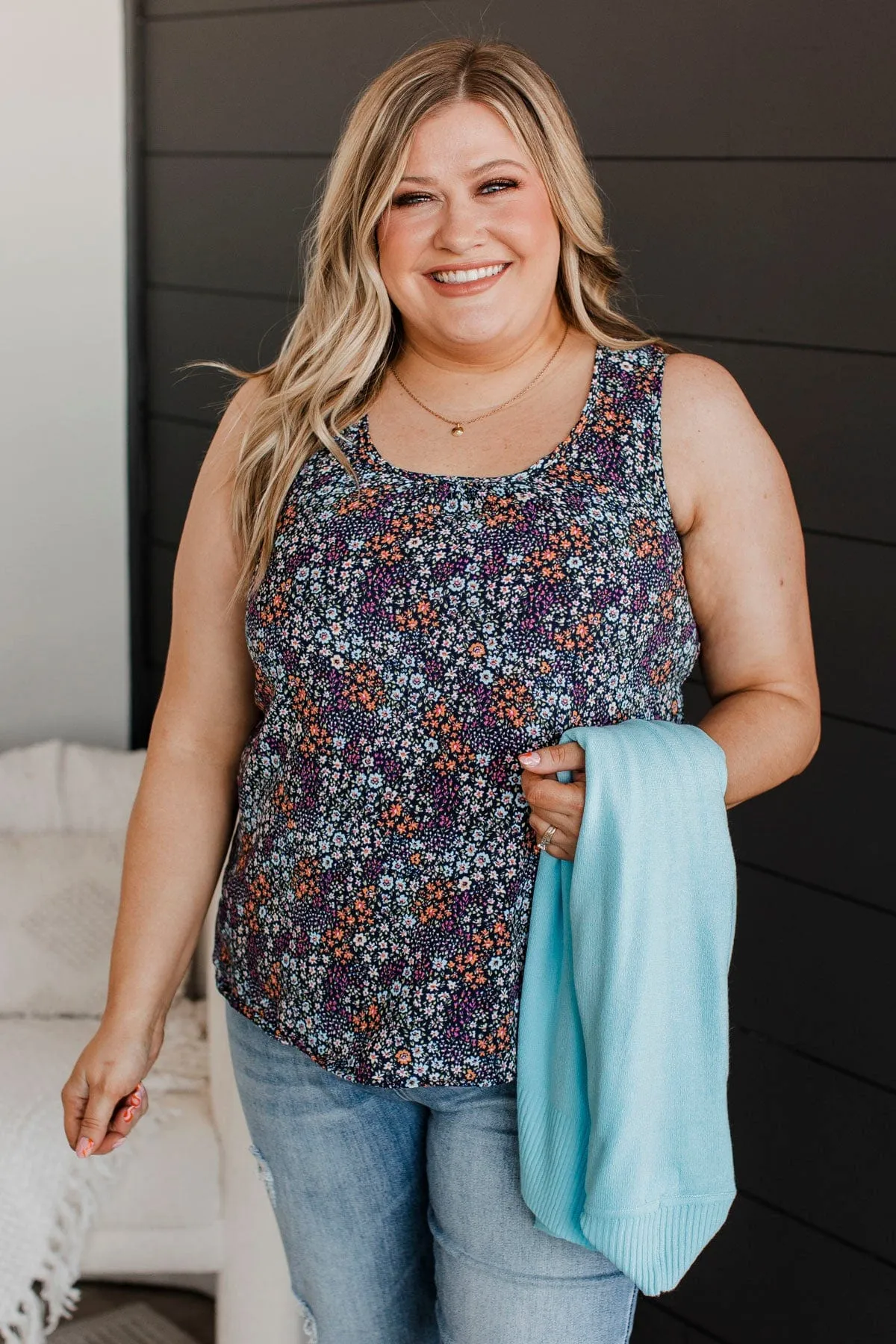 Buy Yourself Flowers Tank Top- Navy