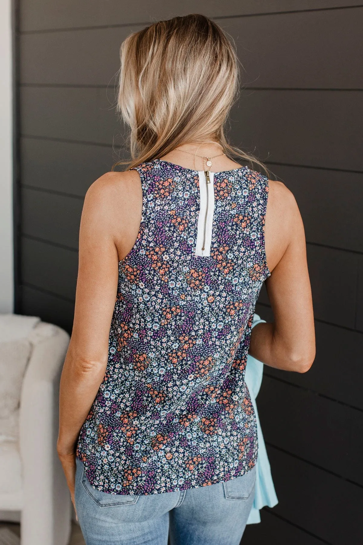 Buy Yourself Flowers Tank Top- Navy