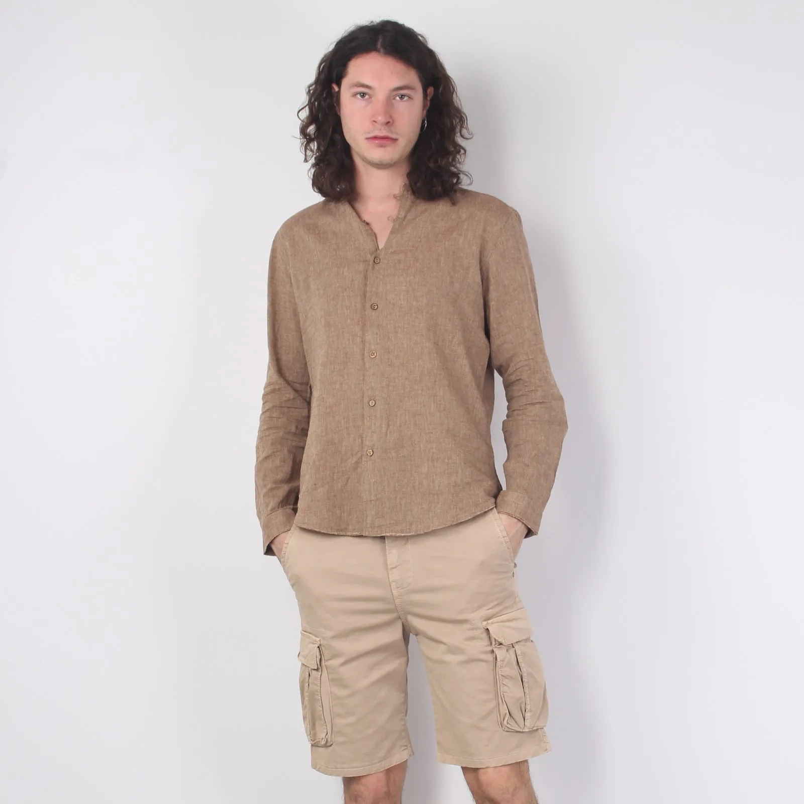 Camicia Lino Sfrangiata Tabacco