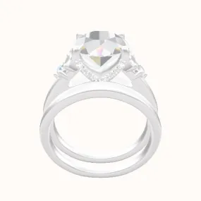 Cathedral Band with Marquise & Round Diamond Sidestones Engagement Ring With Pave V Prong Head and Matching Band