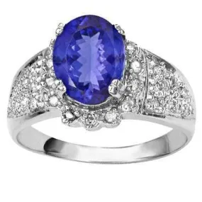 CLASSY 1.30 CT GENUINE TANZANITE & 30PCS WHITE DIAMOND 10K SOLID WHITE GOLD RING