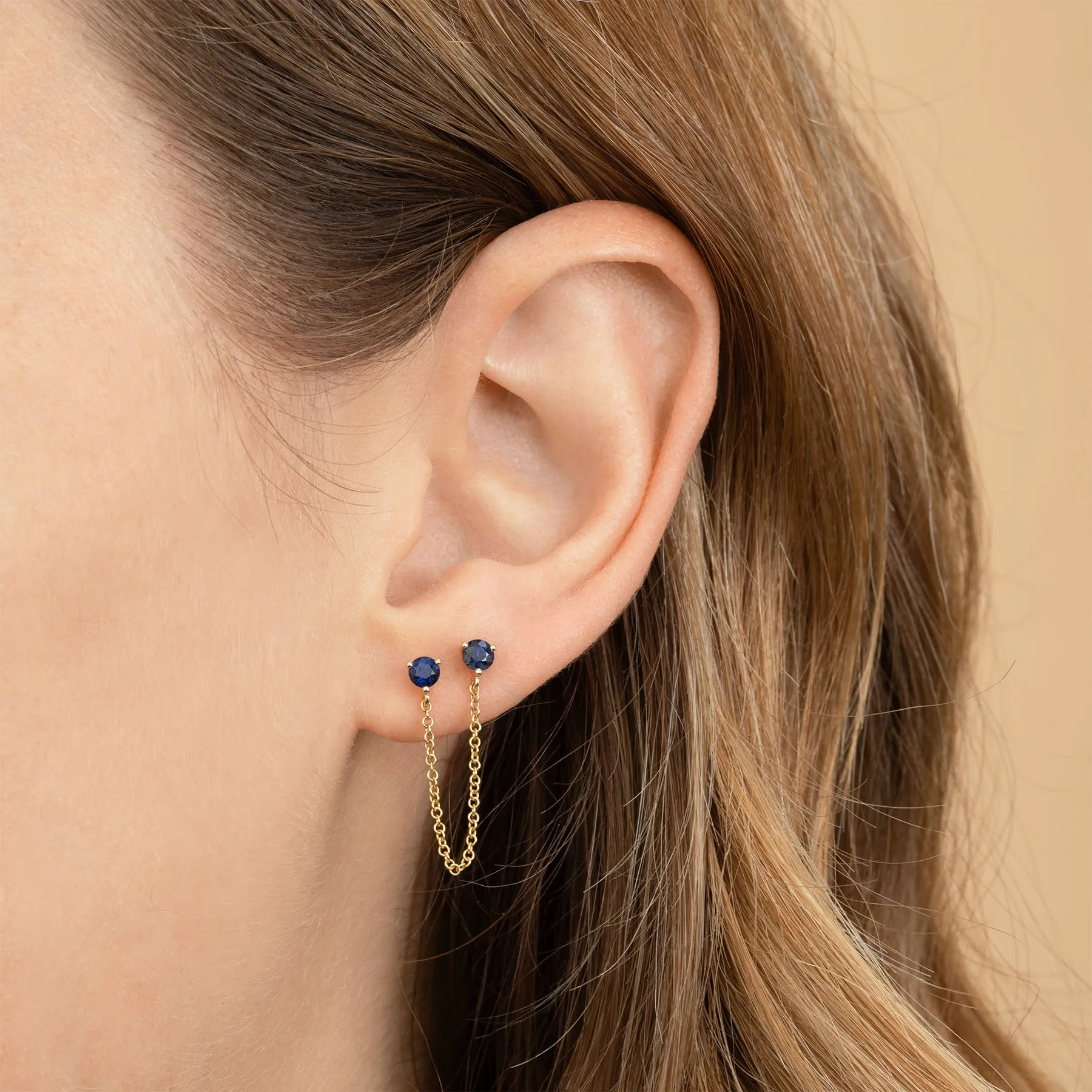 Connected Stud Earring - Blue Sapphire / 14k Yellow Gold