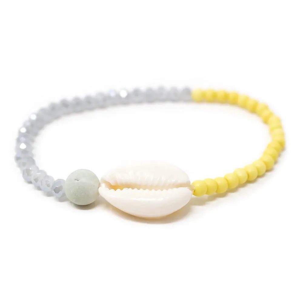 Cowrie Shell Glass Beaded Stretch Bracelet Gray and Yellow