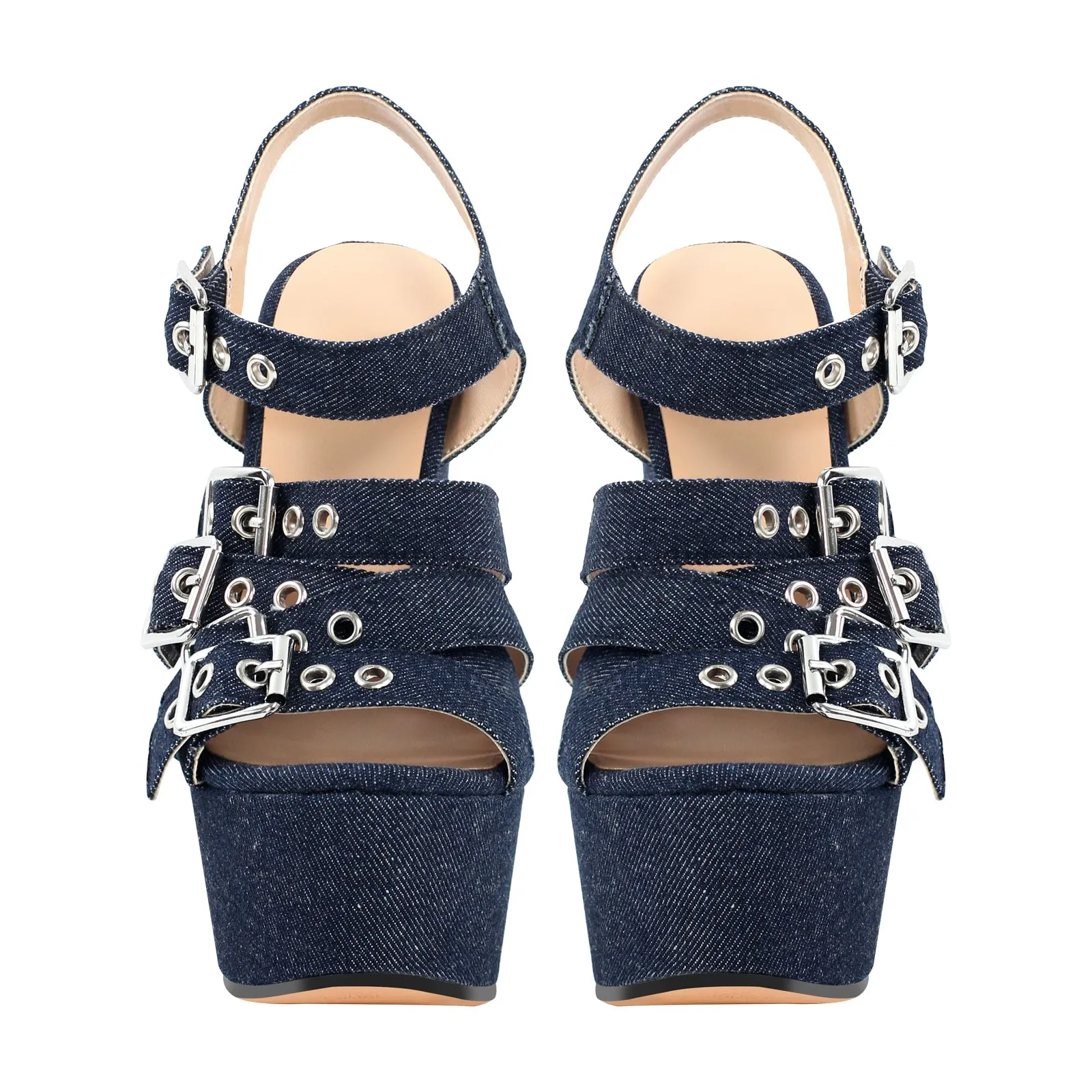 Denim Platform Wedge Heel Buckle Strap Sandals