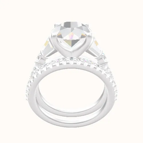 Diamond Band with Triple Tapered Baguettes & Round Sidestones Engagement Ring With Four Prong Head and Matching Band