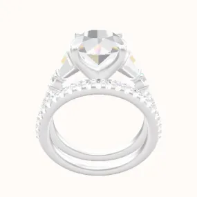 Diamond Band with Triple Tapered Baguettes & Round Sidestones Engagement Ring With Four Prong Head and Matching Band