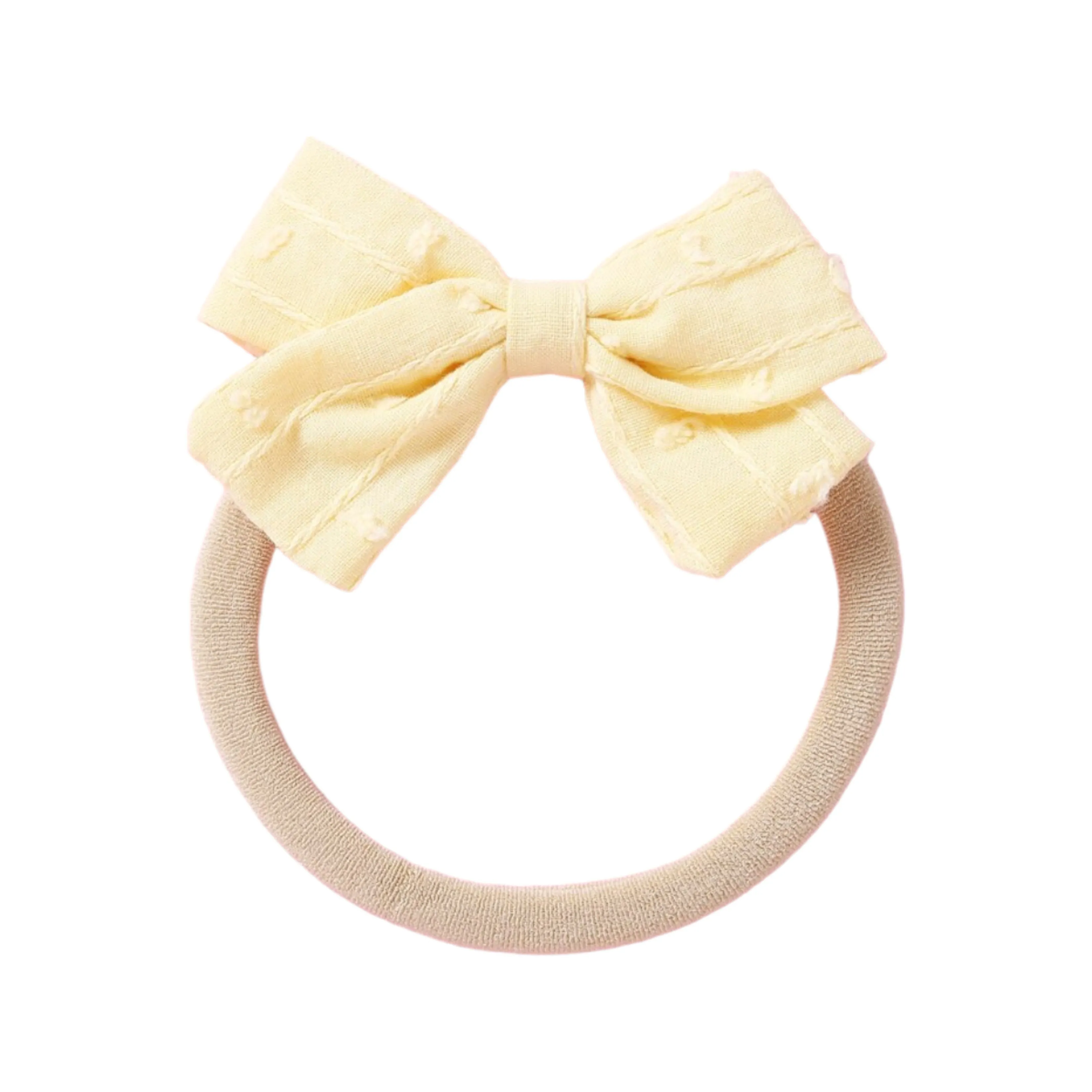 Dotty Embroidered Cotton Baby Bow in Mustard