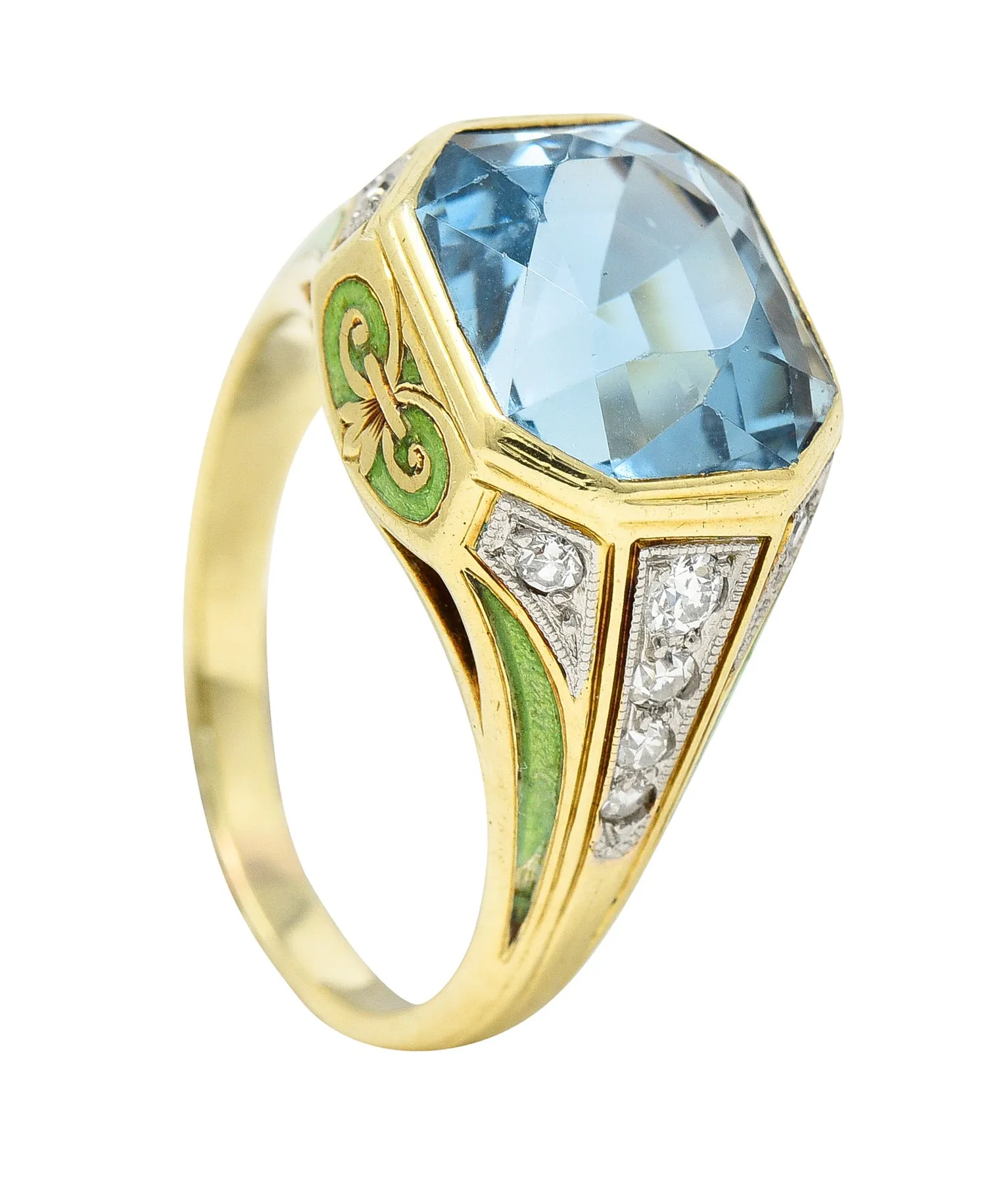 Durand & Co. Art Deco 5.20 CTW Aquamarine Diamond Enamel Platinum 14 Karat Yellow Gold Ring