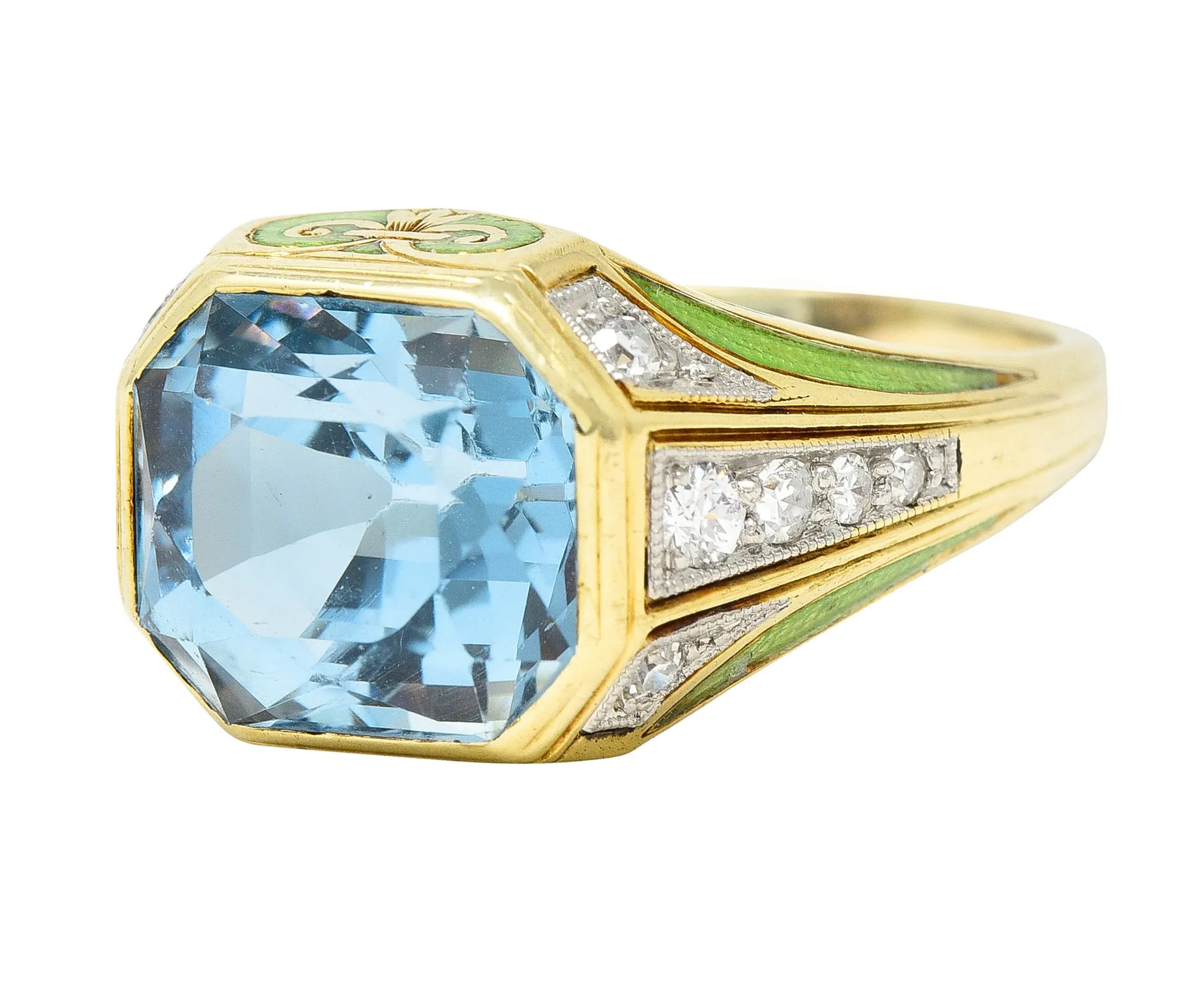 Durand & Co. Art Deco 5.20 CTW Aquamarine Diamond Enamel Platinum 14 Karat Yellow Gold Ring