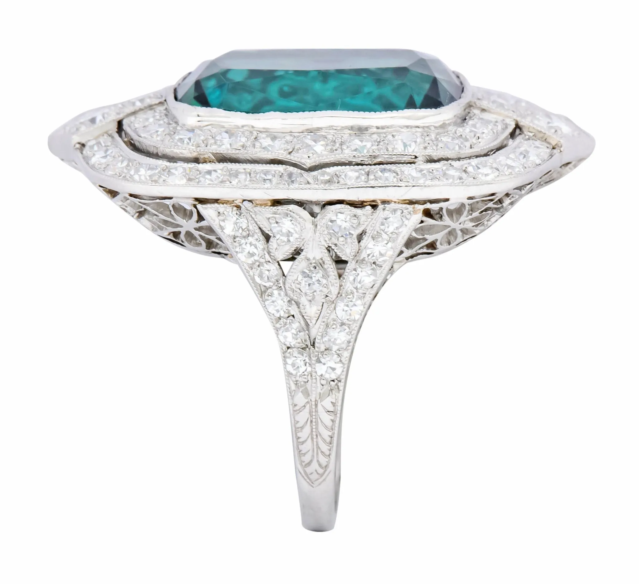 Edwardian 9.90 CTW Green Tourmaline Diamond Platinum Belle Epoque Ring