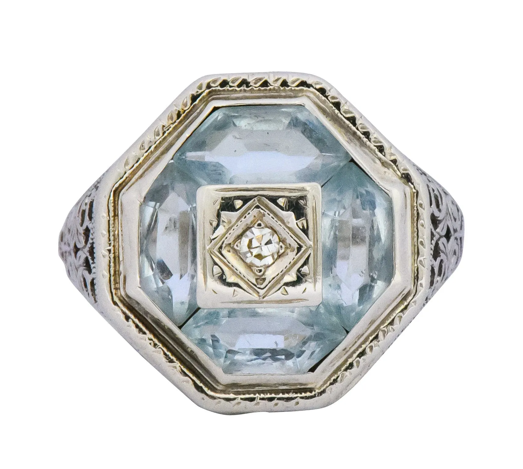 Edwardian Aquamarine Diamond 14 Karat White Gold Dinner Ring
