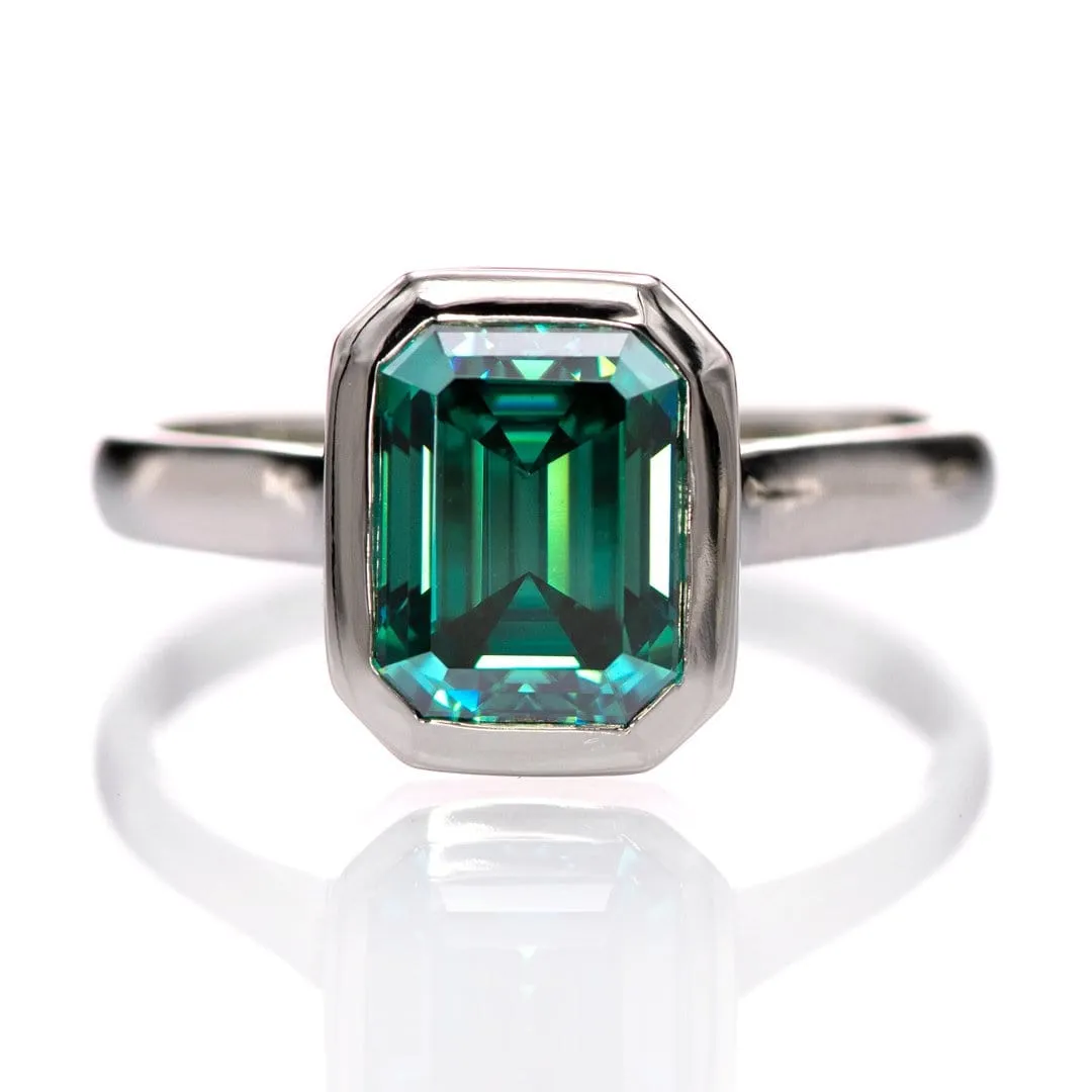 Emerald Cut Green Moissanite Olivia Bezel Set Solitaire Cathedral Engagement Ring