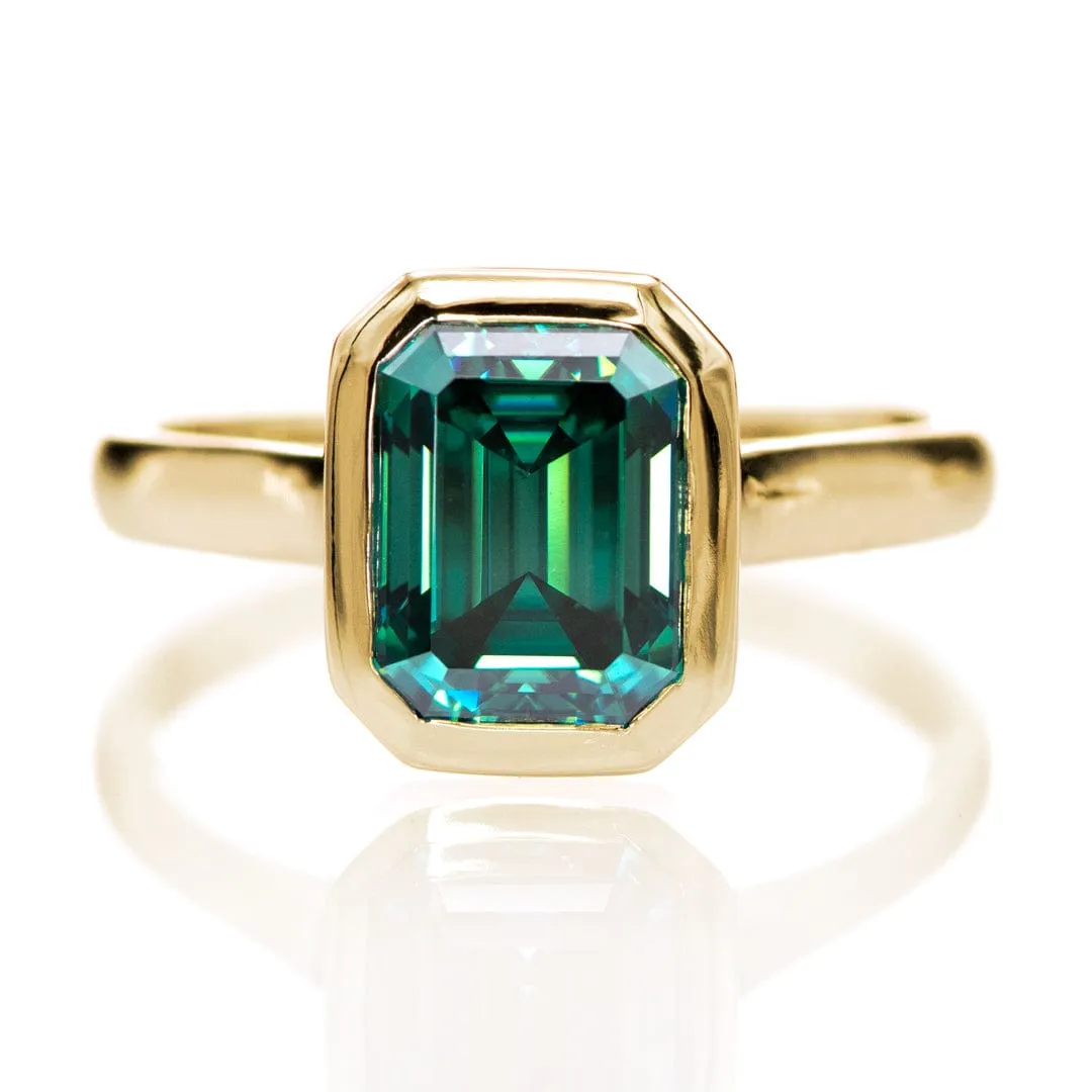 Emerald Cut Green Moissanite Olivia Bezel Set Solitaire Cathedral Engagement Ring