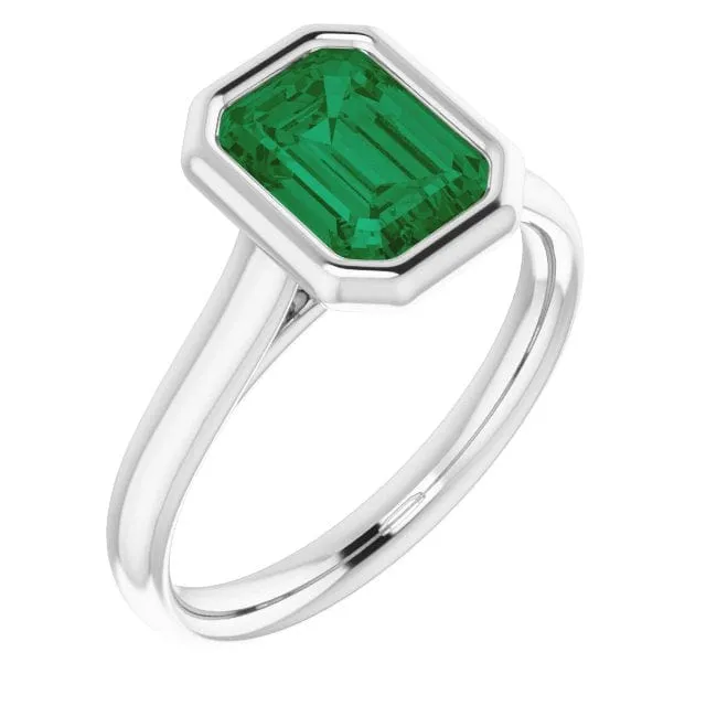 Emerald Cut Green Moissanite Olivia Bezel Set Solitaire Cathedral Engagement Ring