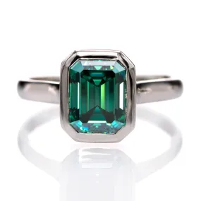 Emerald Cut Green Moissanite Olivia Bezel Set Solitaire Cathedral Engagement Ring