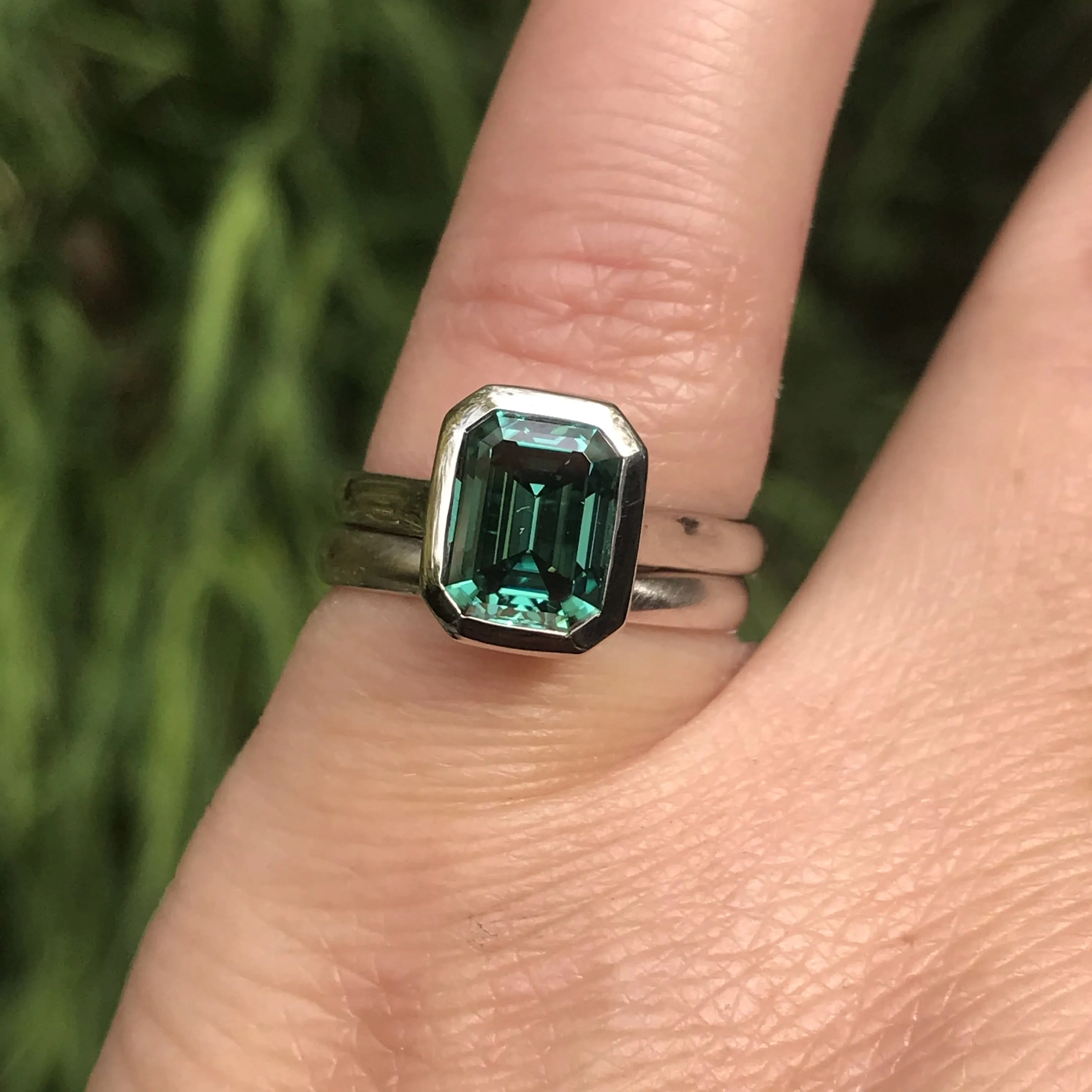 Emerald Cut Green Moissanite Olivia Bezel Set Solitaire Cathedral Engagement Ring