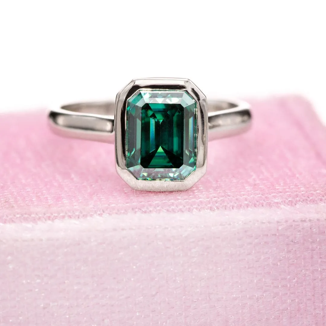 Emerald Cut Green Moissanite Olivia Bezel Set Solitaire Cathedral Engagement Ring