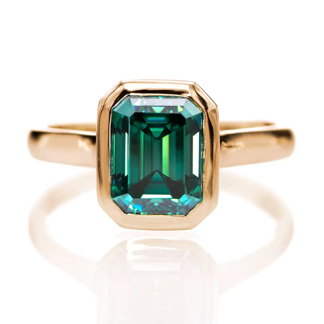 Emerald Cut Green Moissanite Olivia Bezel Set Solitaire Cathedral Engagement Ring