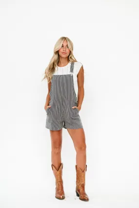 Emry Overall Shorts Romper in Navy Stripe