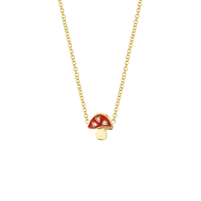 Enamel Charm Necklace - White Diamond and Mushroom / 14k Yellow Gold