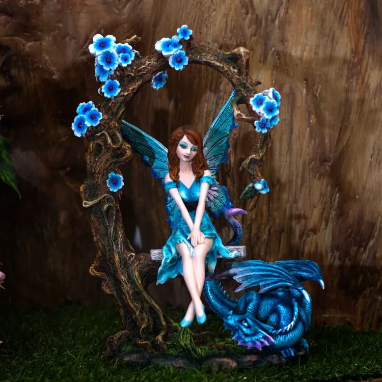 Fairy on Swing with Blue Dragon Figurine