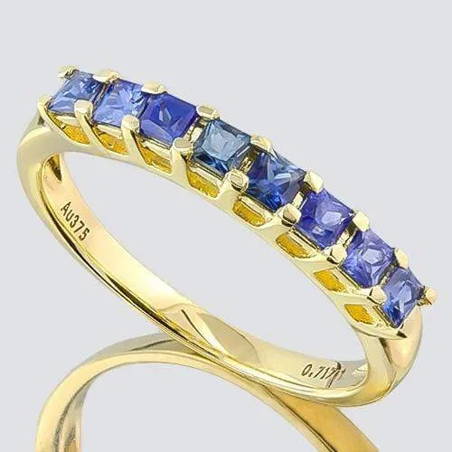 FASCINATING ! 3/4 CARAT (8 PCS) BLUE SAPPHIRE (VS) 9KT SOLID GOLD BAND RING