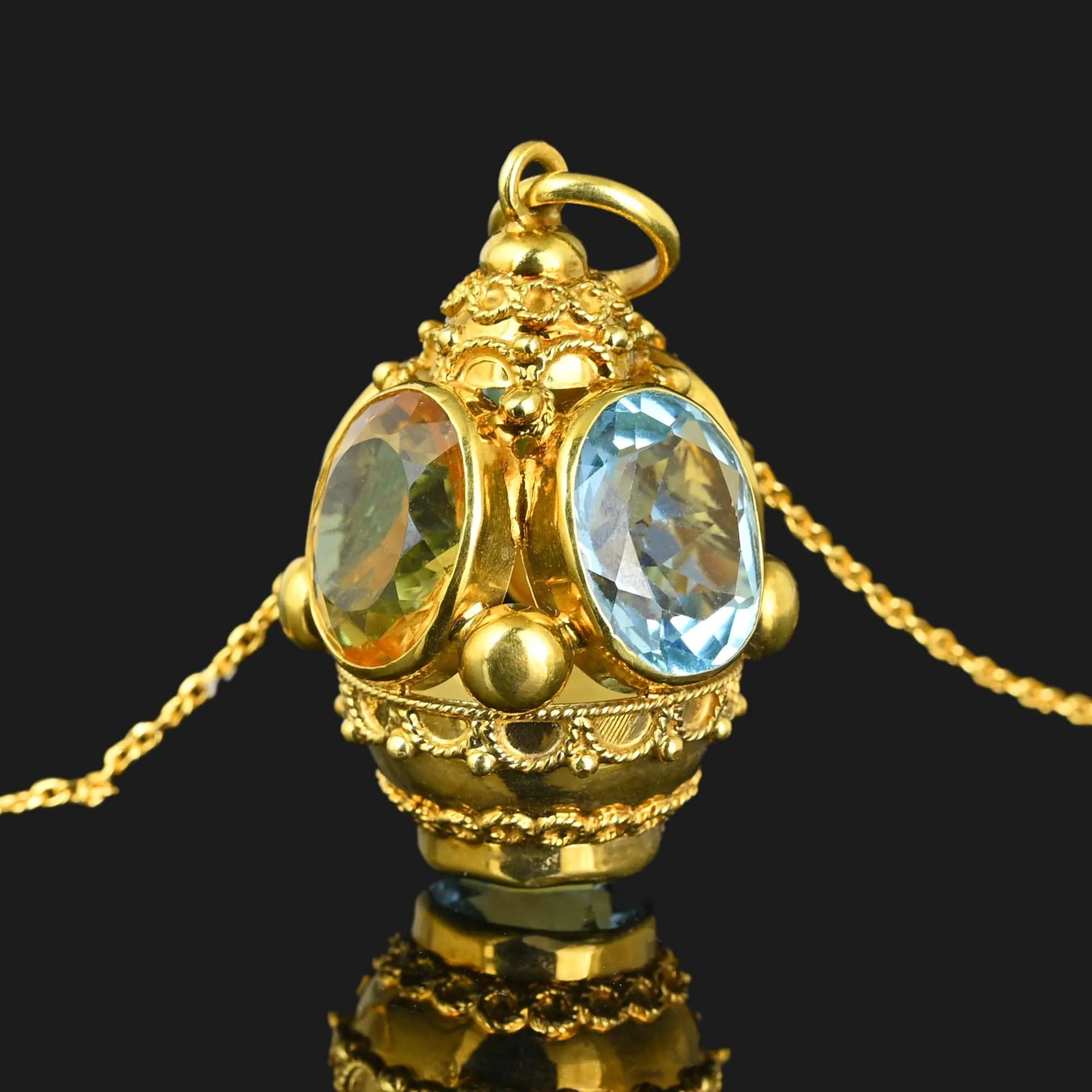 Fine 18K Gold Etruscan Pendant w Blue Topaz Citrine