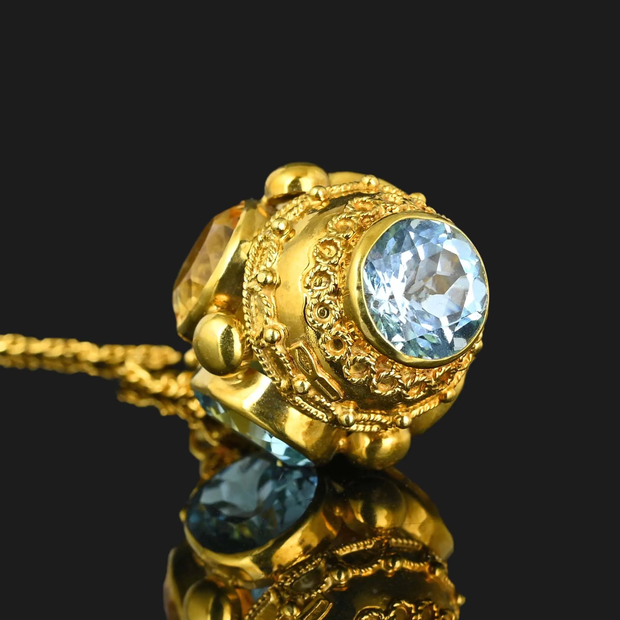 Fine 18K Gold Etruscan Pendant w Blue Topaz Citrine