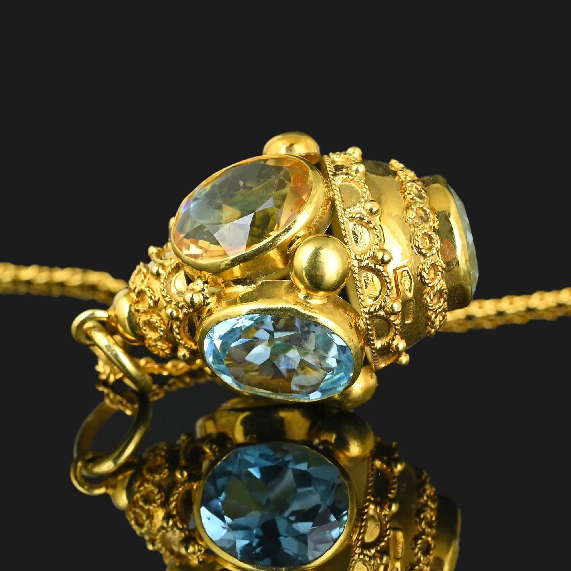 Fine 18K Gold Etruscan Pendant w Blue Topaz Citrine