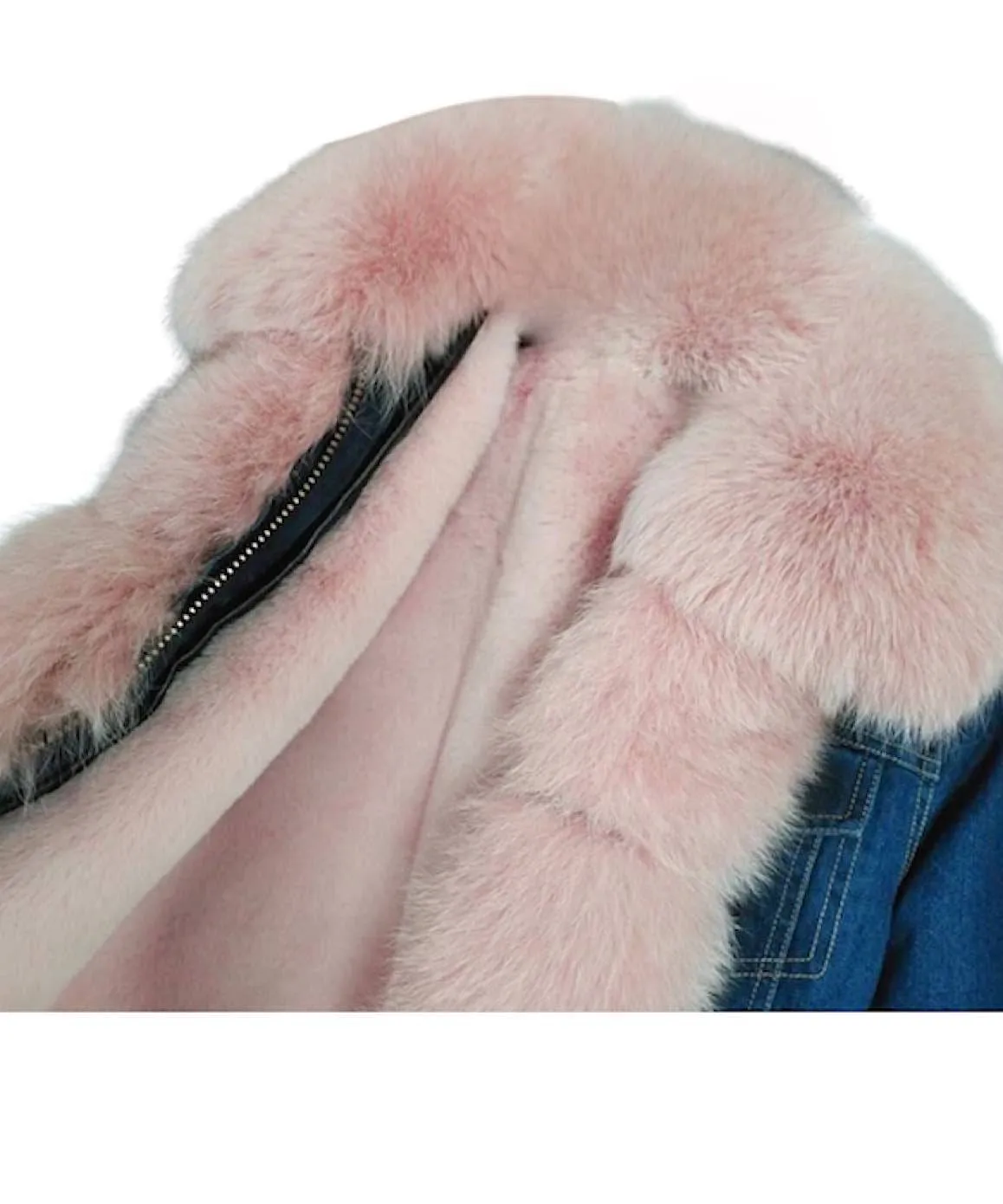 Fox Fur Trimmed Parka Denim Coat With Rabbit Fur Lining In Brown