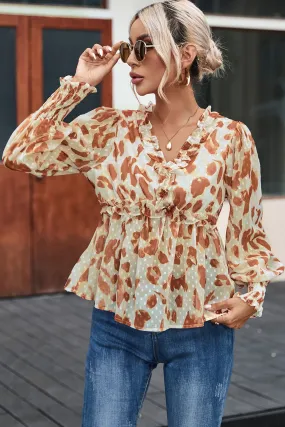 Frill Printed V-Neck Lantern Sleeve Blouse