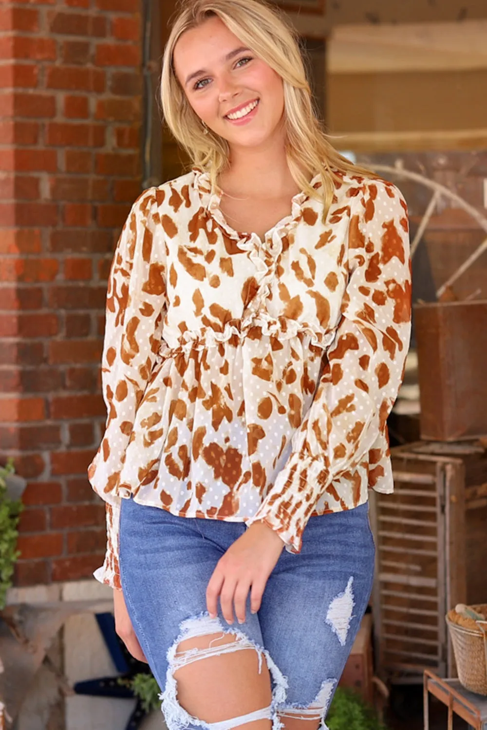 Frill Printed V-Neck Lantern Sleeve Blouse