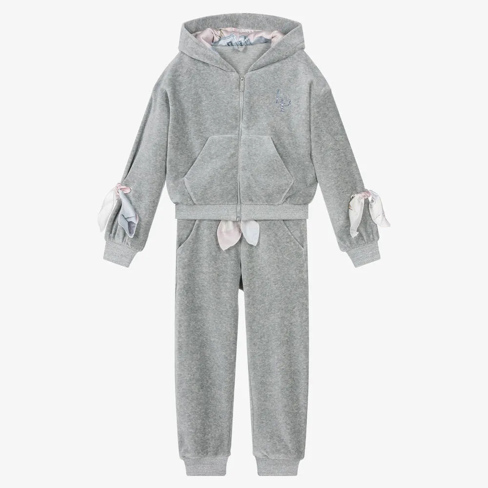 Girls Grey Cotton Velour Tracksuit