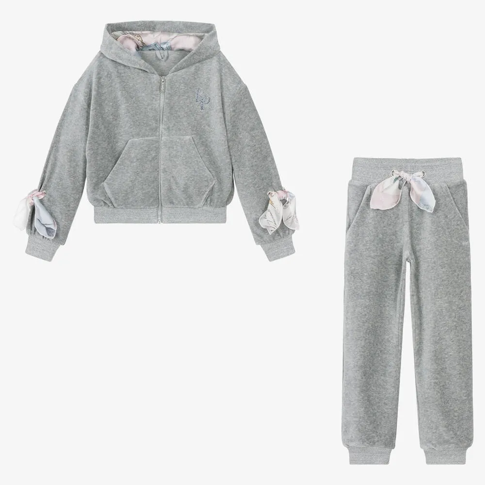 Girls Grey Cotton Velour Tracksuit