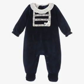 Girls Navy Velour Babygrow 