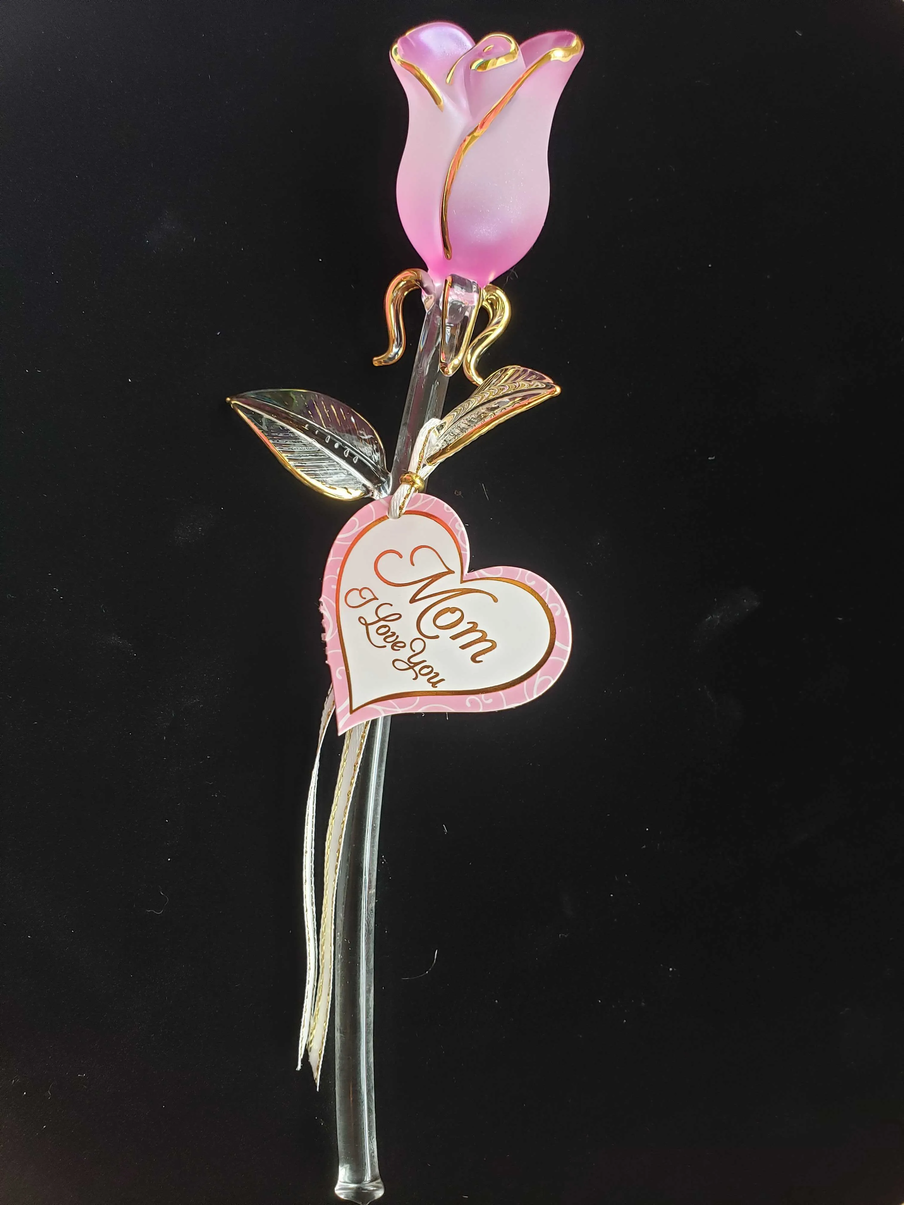 Glass Pink Pearl Mom, I Love You Rose Figurine