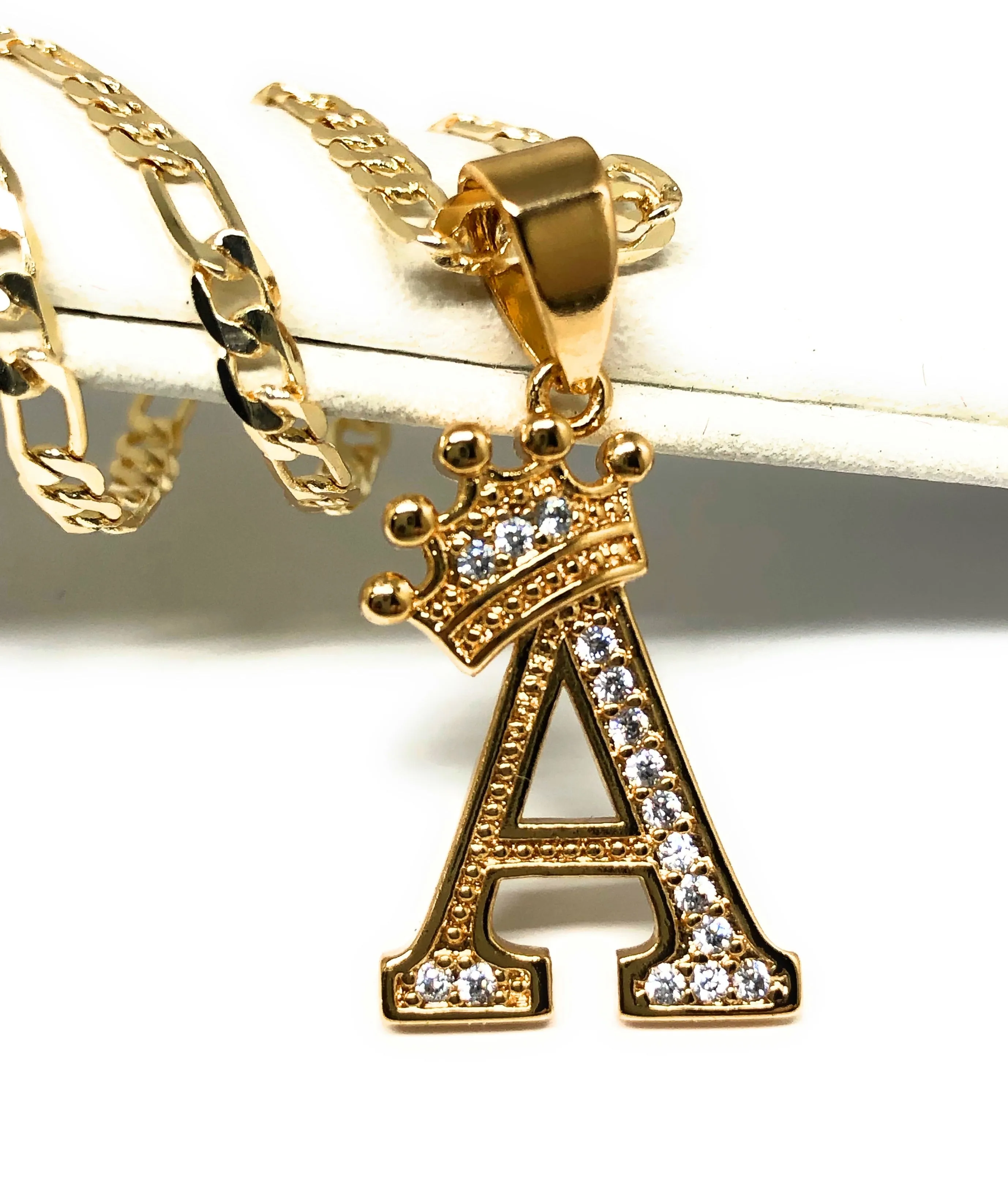 Gold Plated CUSTOMIZED CROWN CZ Initial Letter Pendant With Figaro Chain 24 3mm