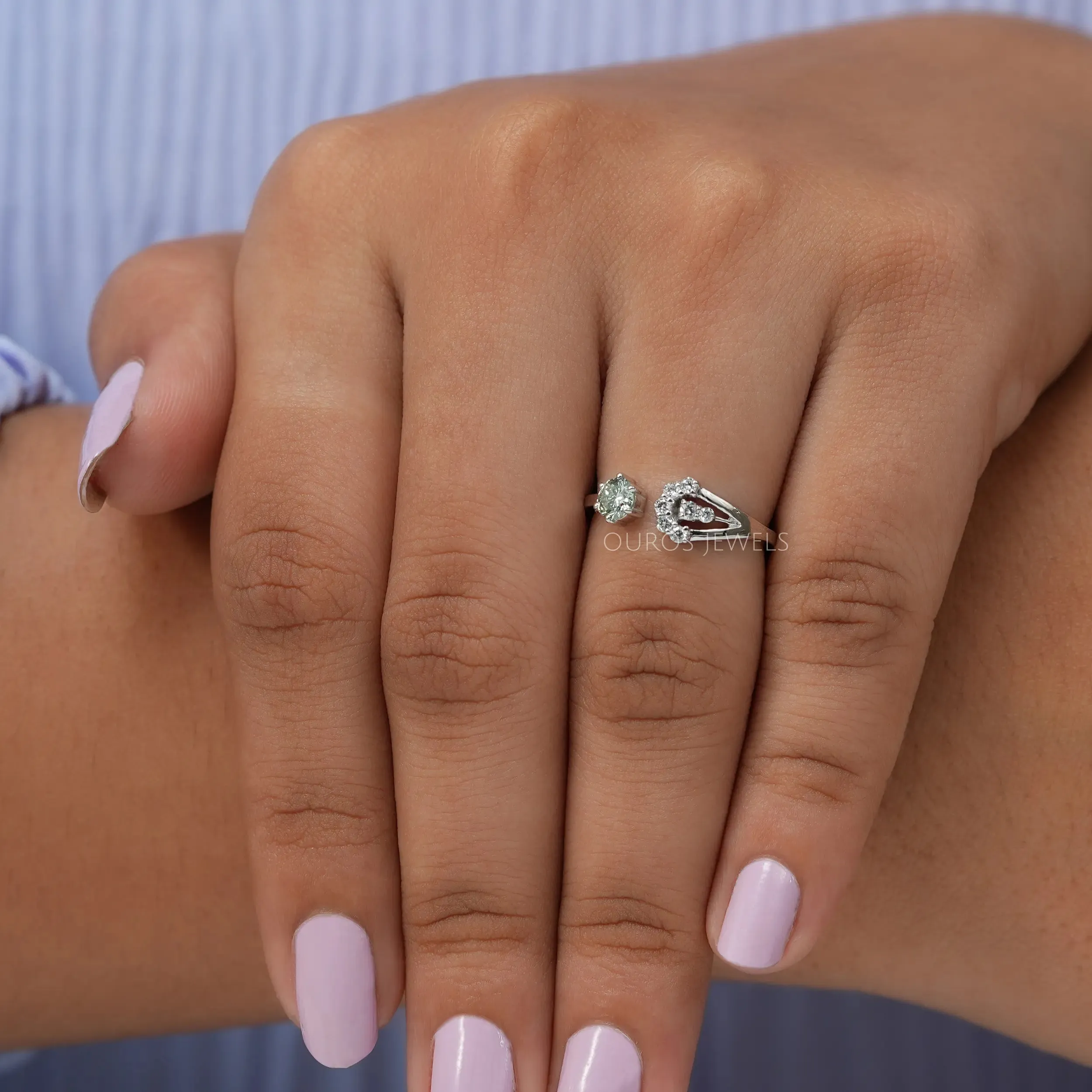 Green Round Diamond Open Cuff Dainty Ring