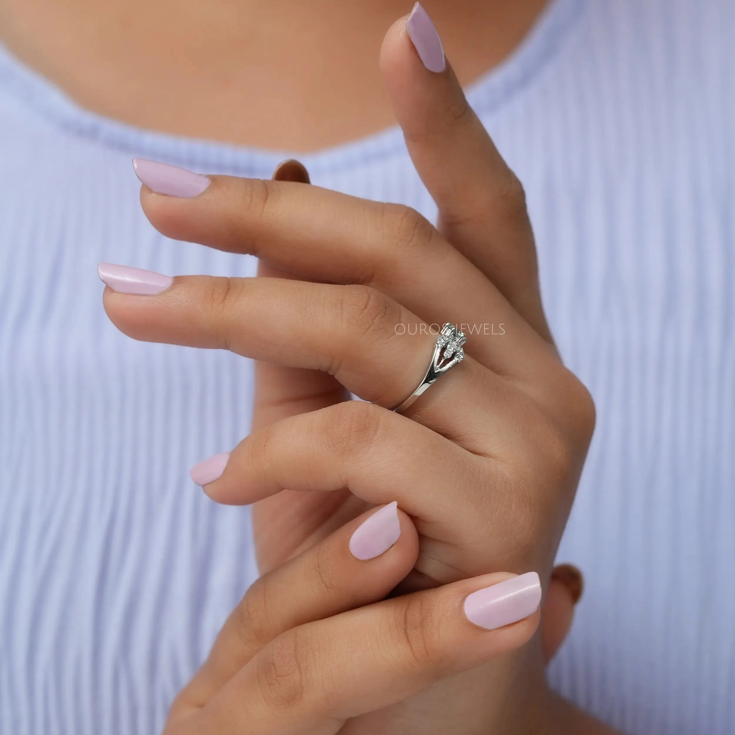 Green Round Diamond Open Cuff Dainty Ring